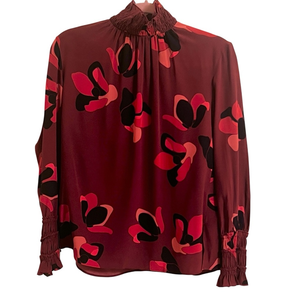 Akris Punto Burgundy Floral Print Silk Blouse with Black and Pink Accents